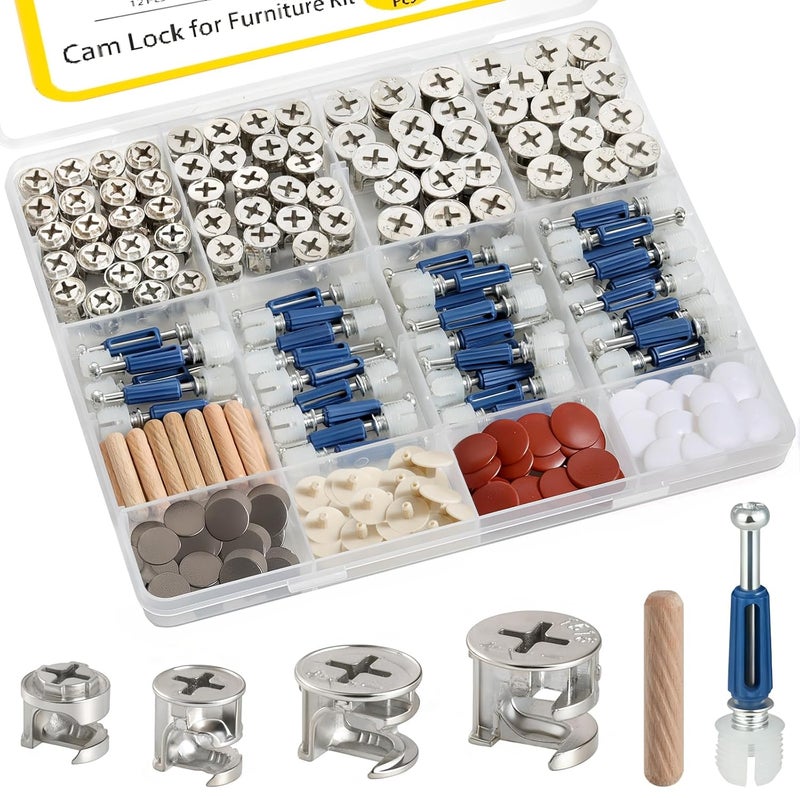 SBLING 138PCS Cam Locks for Furniture Assortment Kit,3-in-1 Eccentric Hardware Wheels,Furniture Cam Lock Fasteners with Multi-Size Nuts,Bolts,Wood Dowel Pins,Repairing Cabinet,Closet,Drawer - Image 1